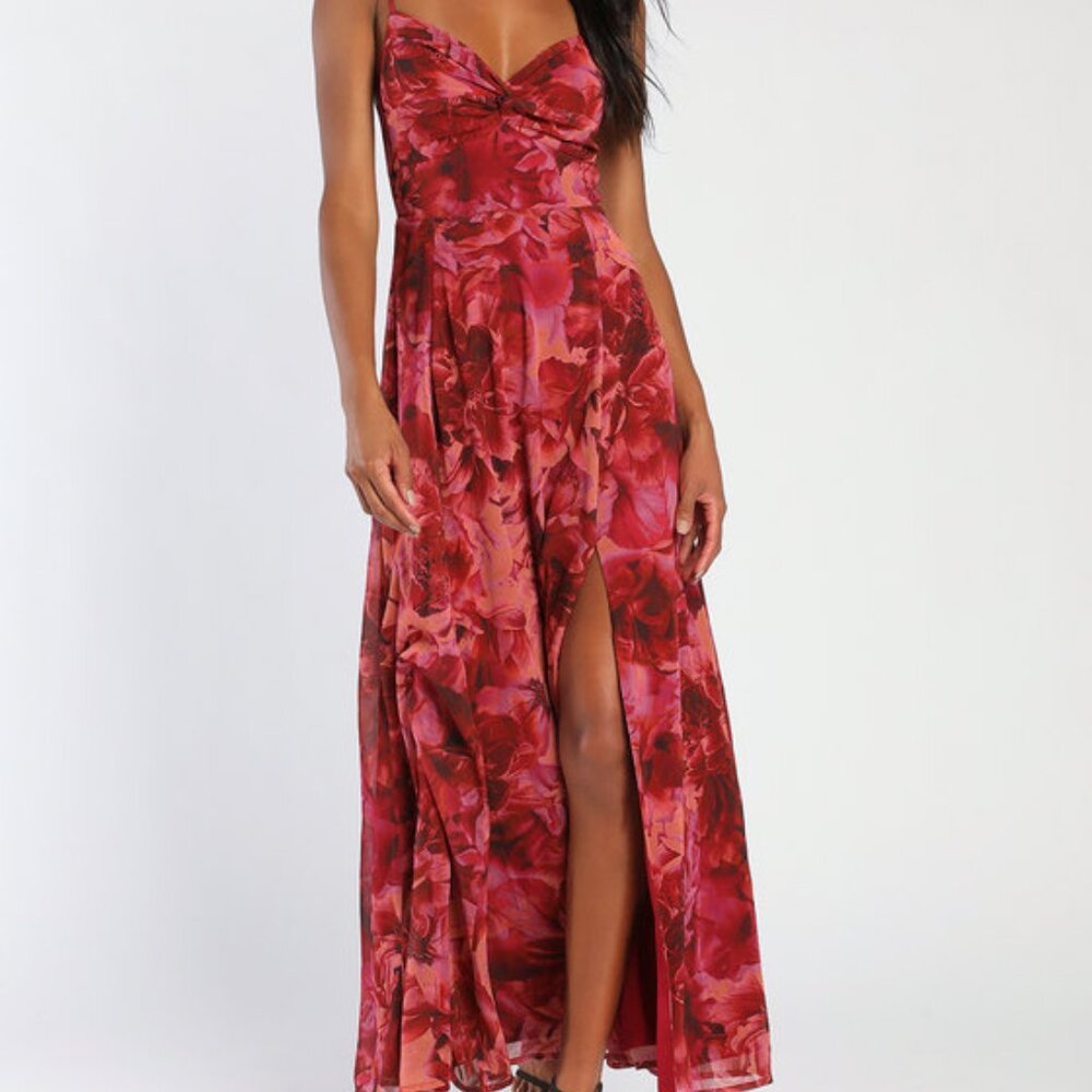 Lulus Beautiful Soul Burgundy Floral Print Twist-front Maxi Dress Red - Size M
